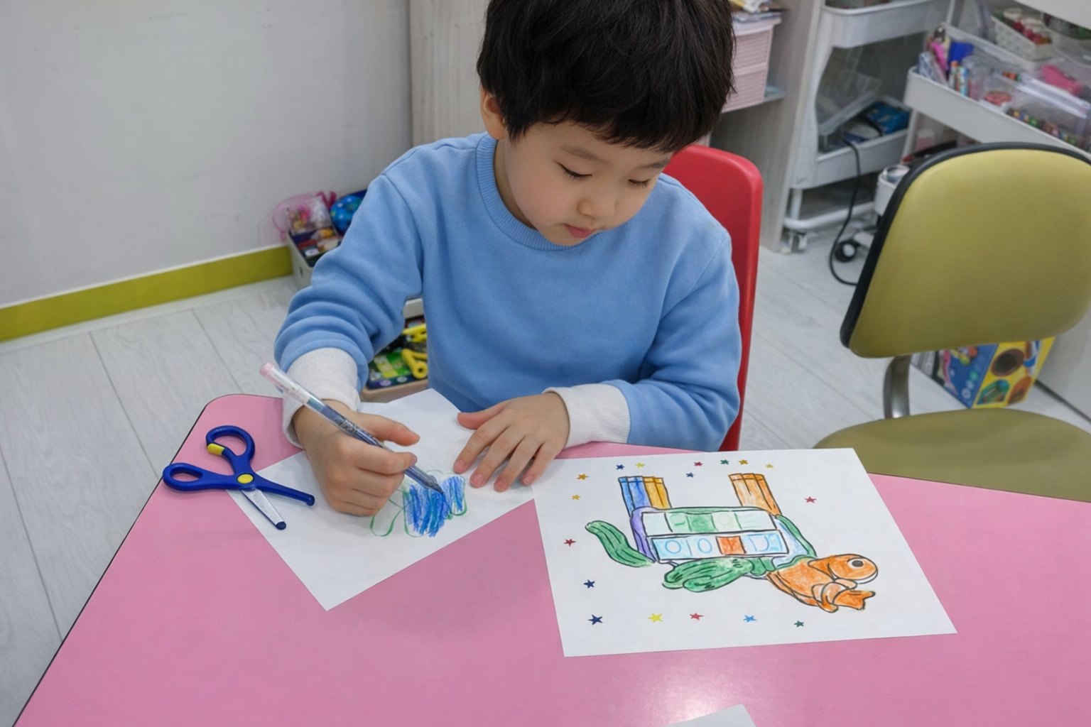 크레용으로 그림을 그리는 아이의 소근육 연습 장면