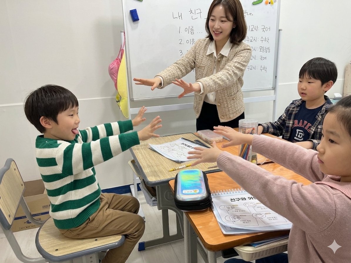 치료사와 아이들이 함께 하이파이브를 나누는 웃는아이 ABA의 수업 장면